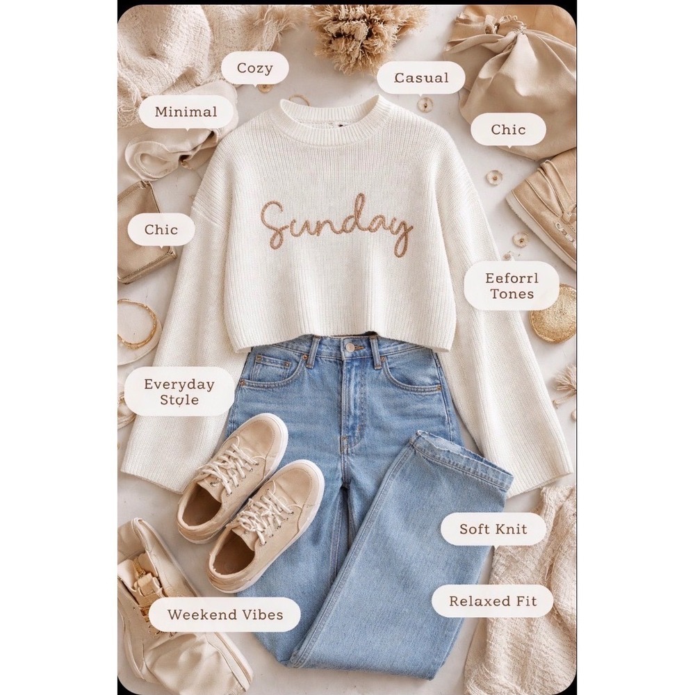 Moon & Madison Sunday Graphic Cream Cropped Sweater Wide Sleeve ST21288 M|Cozy